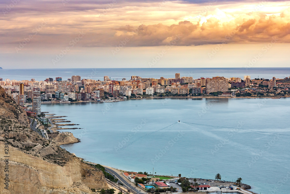Alicante, Spain. Beautiful landscape of the sea of the blue sea at Mediterranean European sunset from above the Castle of Santa Barbara