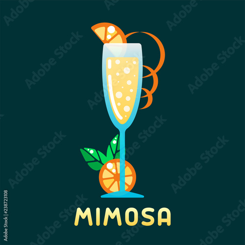 Alcohol cocktail mimosa with decorations and name. Flat style vector illustration. Suitable for advertising, applications, menu design or web