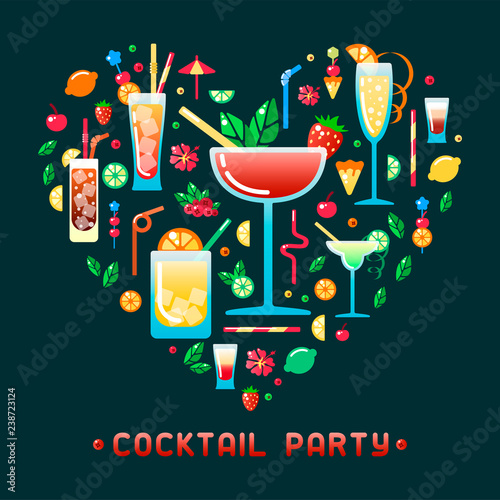 Cocktail party invitation consepts with alcohol cocktails different types and decorations. Flat style vector illustration. Suitable for bar menu design and advertising  photo