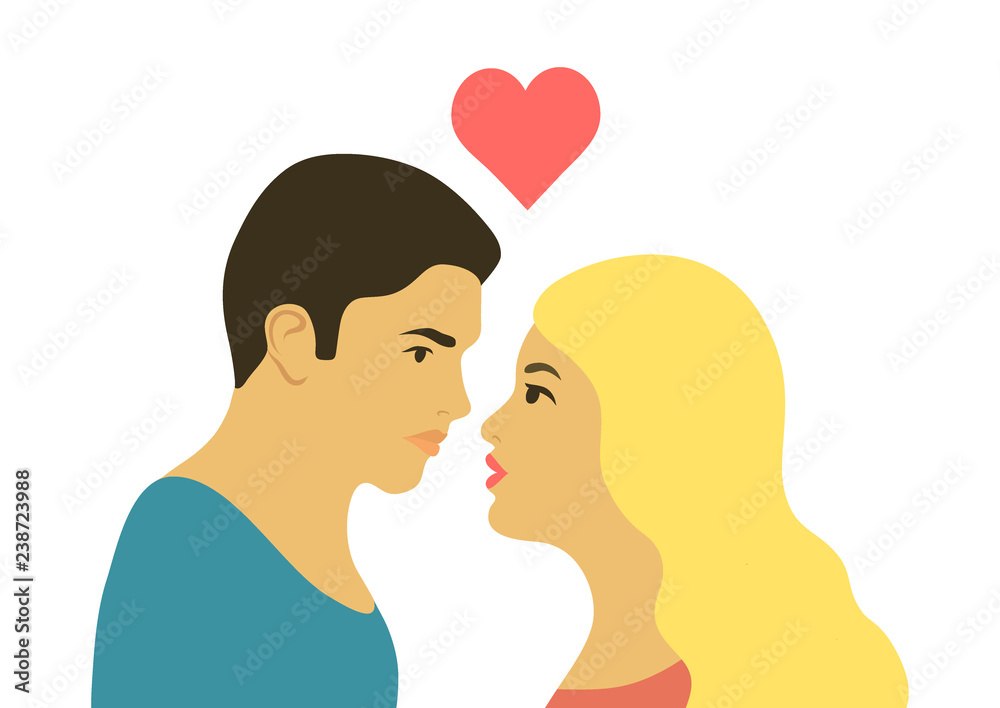 Romantic silhouette of loving couple looking at each other. Love poster, postcard background with heart. Vector illustration for Happy Valentines Day, wedding invitations.