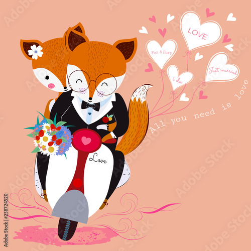 Cute valentine fox couple in love with flower bouquet on scooter,all you need is love