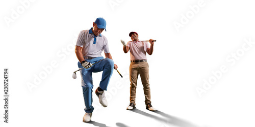 Male golf players on white background. Isolated happy player emotionally rejoices victory. Angry opponent sad about losing and broke his golf club on knee
