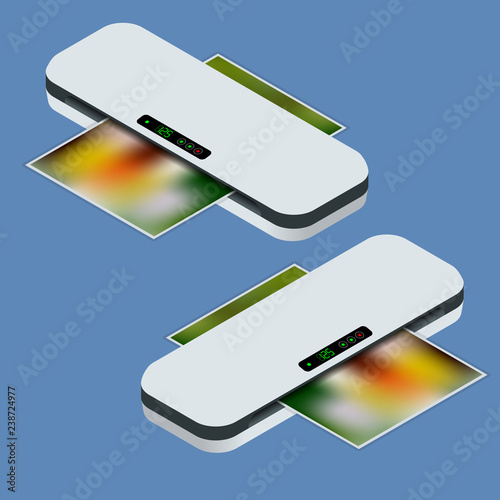 Isometric format colour printers, document laminating machine isolated on white background. Blank paper being laminated vector illustration