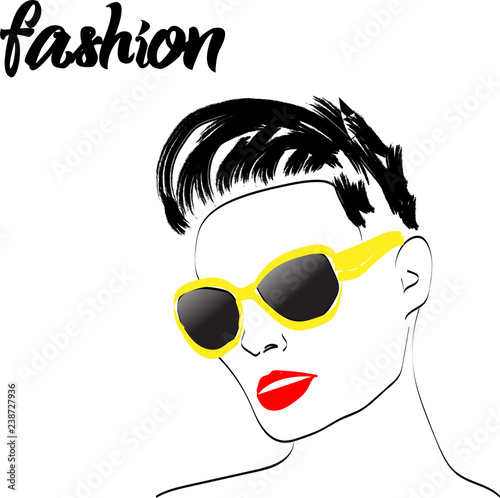 Fast fashion sketch, girl in glasses with red lips