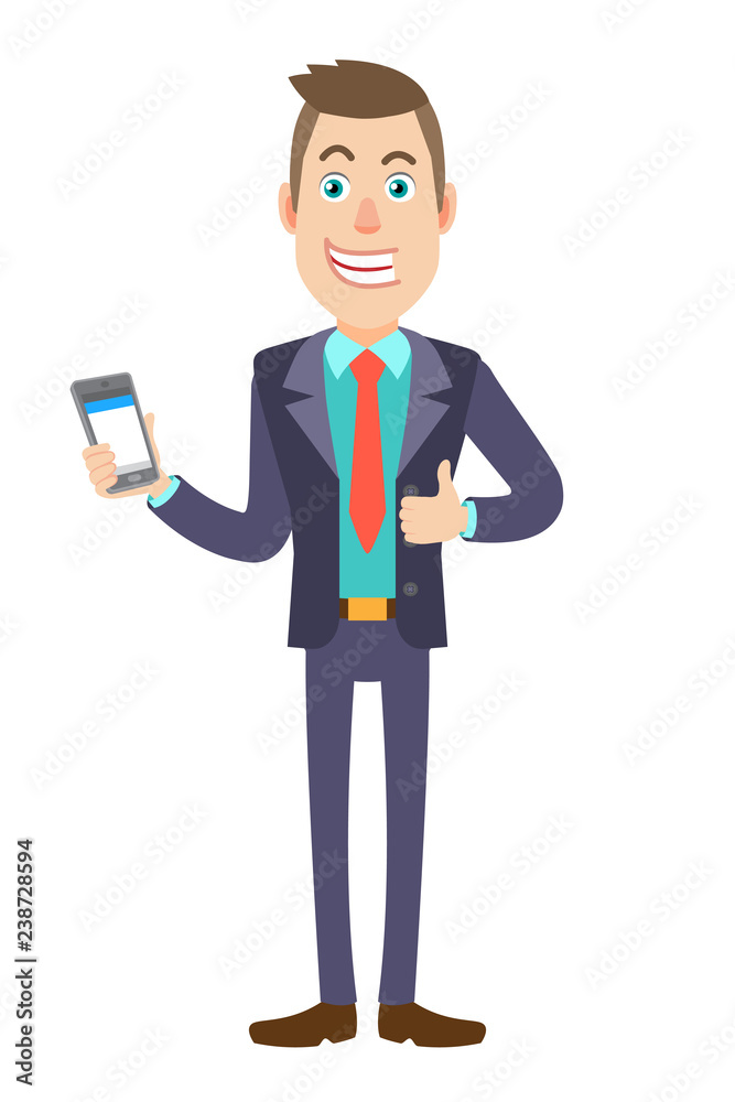 Businessman holding mobile phone and showing thumb up Businessman holding mobile phone and showing thumb up