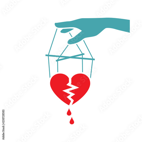 The vector picture the split heart with blood drops on threads in someone's hand. Set of vector icons. The broken love and manipulations. Flat design. 