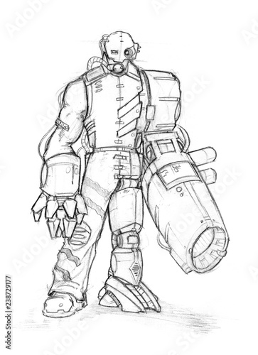 Black and white rough pencil sketch of dangerous cyborg soldier or warrior. Man with robotic body parts and heavy gun replacing his arm and hand.