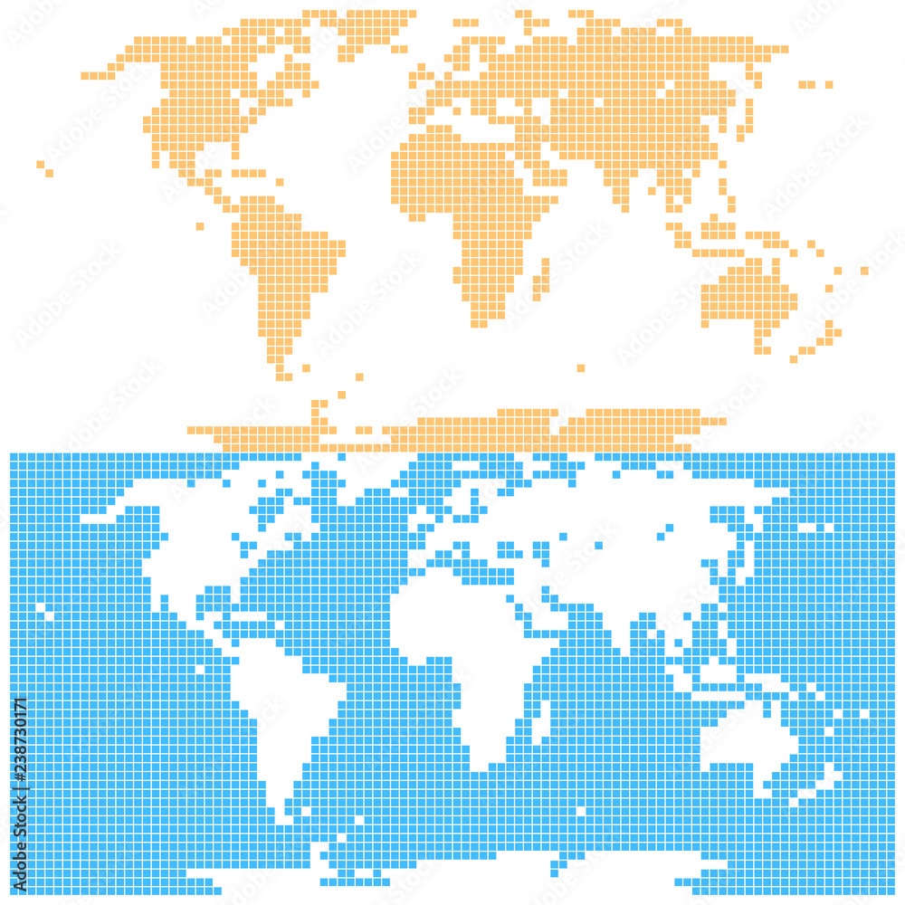 Dotted world map created by square dots in flat style. Two different versions of the world map on the same background. Design graphic element is saved as a vector illustration in the EPS file format Dotted world map created by square dots in flat style. Two different versions of the world map on the same background. Design graphic element is saved as a vector illustration in the EPS file format