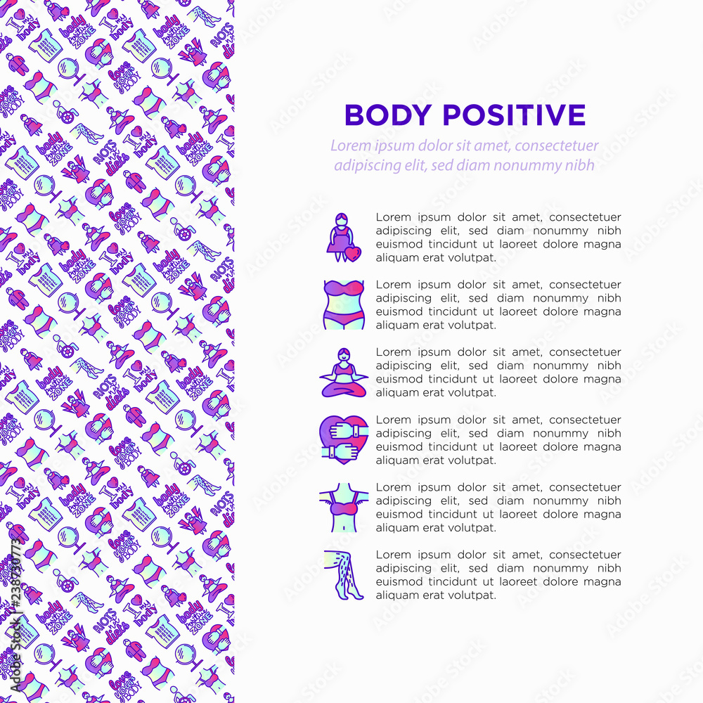 Body positive concept with thin line icons: woman plus size, yoga, bikini, armpit hair, legs hair, mirror, disability. Stickers with quotes. Vector illustration, print media template.