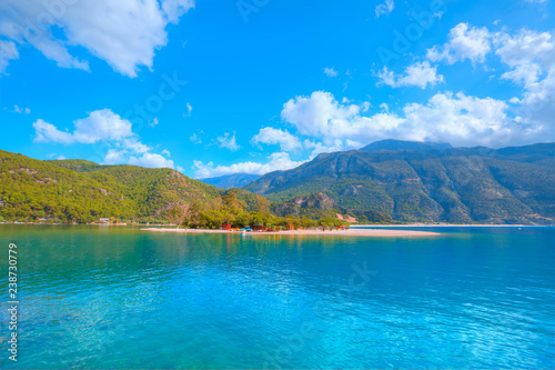 Oludeniz lagoon in sea landscape view of beach, Turkey