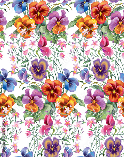 Floral composition of viola flowers. Seamless background pattern version1 photo