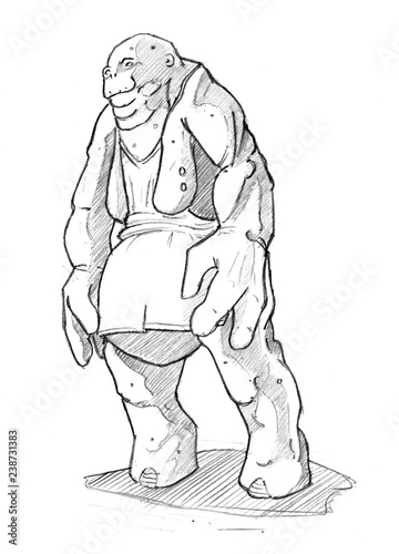 Black and white grunge pencil concept art drawing of fantasy giant or alien character.