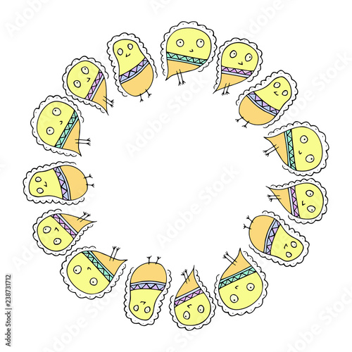 Vector wreath with doodle yellow chicks with space for text. Festive round  template with Hand-drawn chucks on white background. Happy Easter texture.