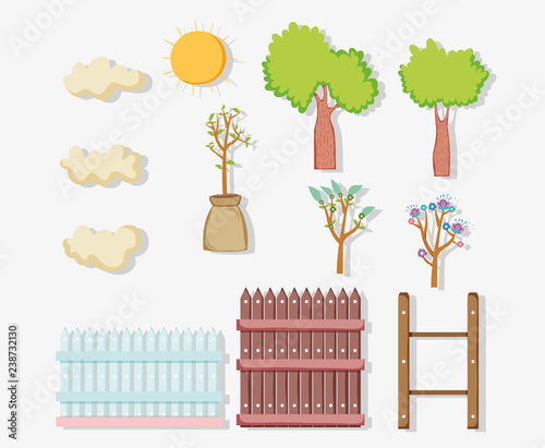 set garden trees with grillage and sun