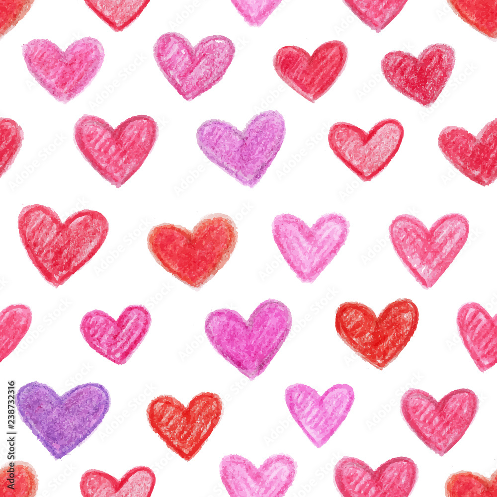 Seamless pattern with hand drawn color hearts