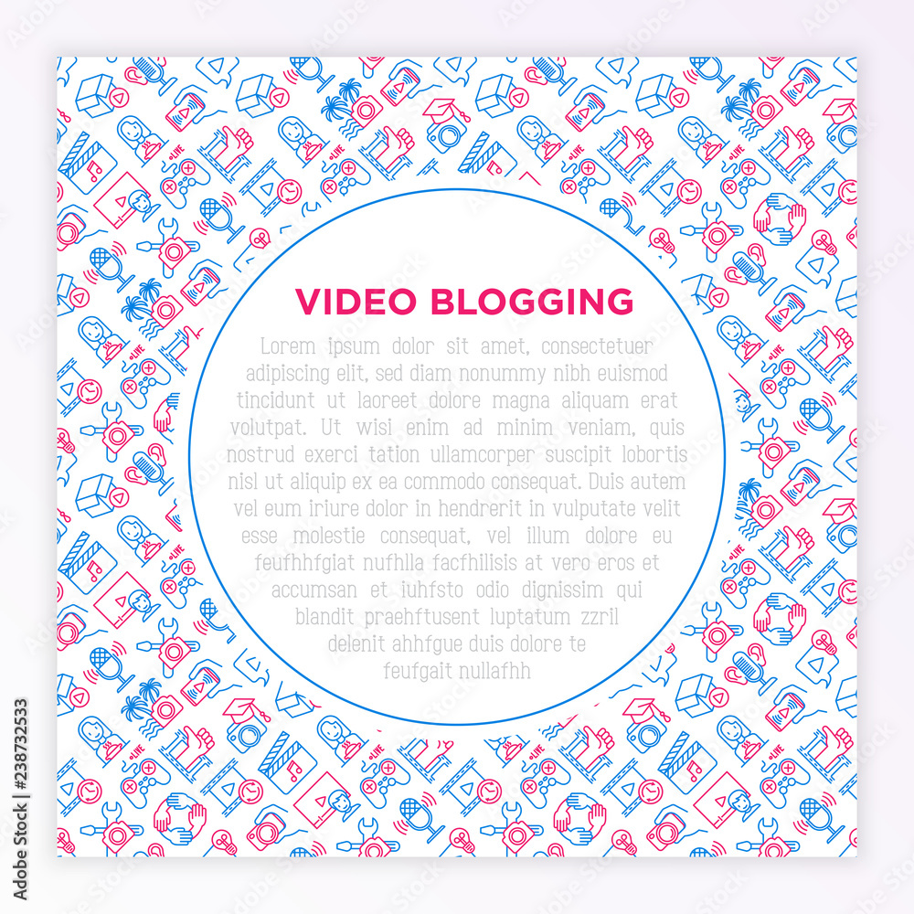 Video blogging concept with thin line icons: vlog, ASMR, mukbang, unboxing, DIY, stream game, review, collaboration, podcast, tips and tricks. Vector illustration, print media template. Video blogging concept with thin line icons: vlog, ASMR, mukbang, unboxing, DIY, stream game, review, collaboration, podcast, tips and tricks. Vector illustration, print media template.