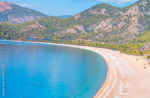 Oludeniz lagoon in sea landscape view of beach, Turkey