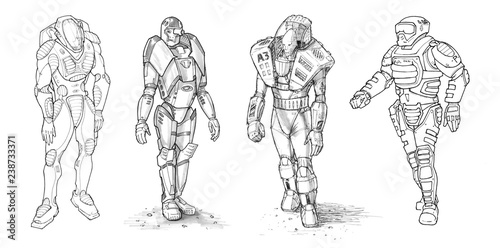 Set of black and white rough ink drawings of various characters in sci-fi futuristic spacesuit or battle, space or pressure suit.