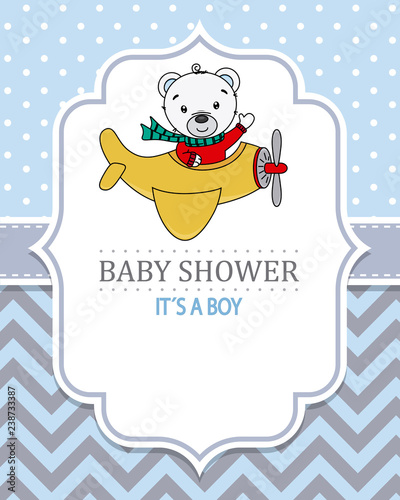 baby boy shower card. Bear flying on plane. Space for text