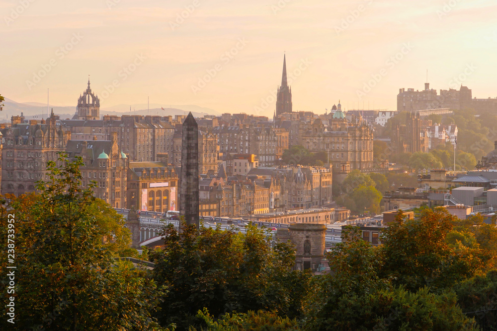 Edinburgh, Scotland / United Kingdom. Sunset over the city as seen from the Calton Hill.