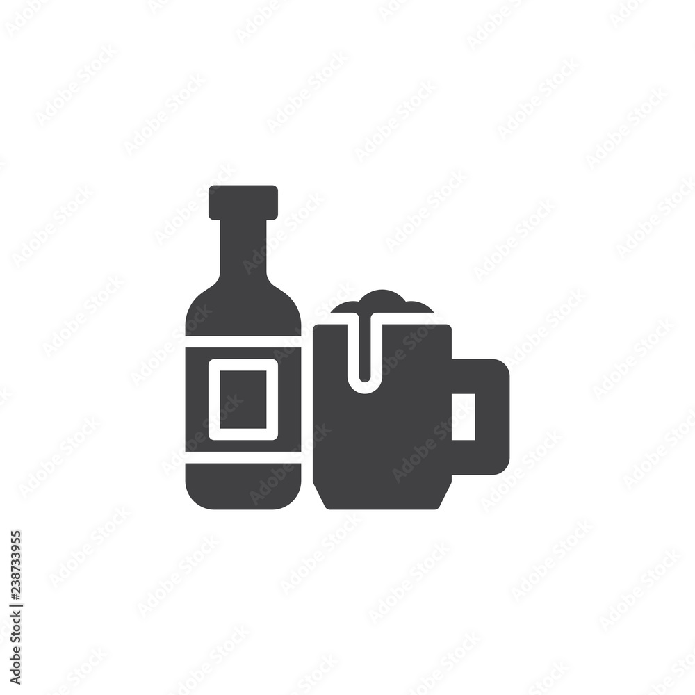 Beer bottle and glass vector icon. filled flat sign for mobile concept and web design. Bottle and glass of beer simple solid icon. Symbol, logo illustration. Pixel perfect vector graphics