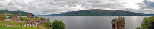 Panoramic view of the Loch Ness with the Urquhart Castle in the foreground