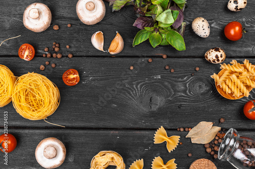 Top view of raw Italian pasta