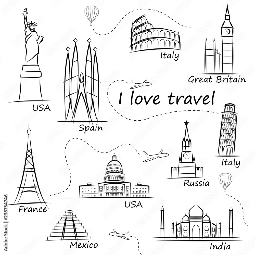 World sights icons set. World s most popular tourist attractions