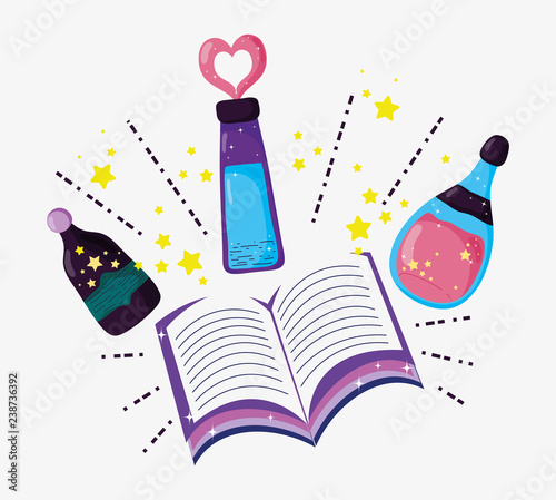 magic book with mystery potion conjure