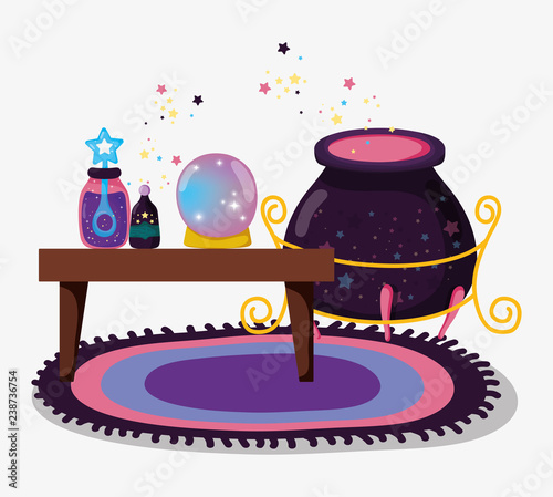 couldron with crystal ball and magic potions