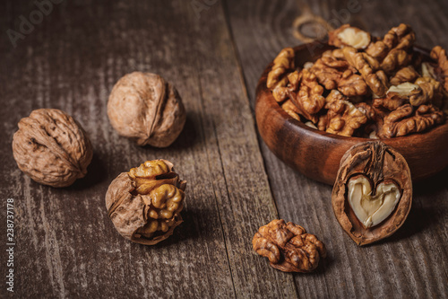 close up view of walnuts in bowl on wooden surface