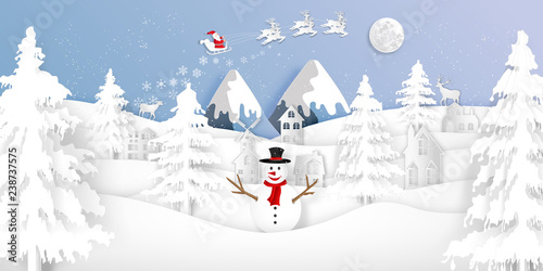 Paper art, cut and digital craft style of Santa Claus on Sleigh and Reindeer with snowman in the merry christmas night and  happy new year 2019 as holiday and x'mas day concept. vector illustration.