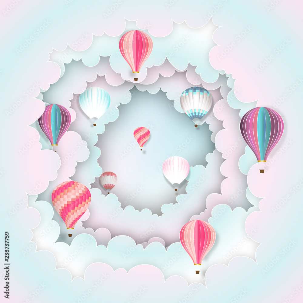 Paper art , cut and craft style of Hot air balloons on the pastel sky background as business and transportation concept. vector illustration.