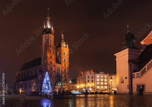 Market Square Rynek of the Old City in Krakow decorated by the christmas lights. Poland