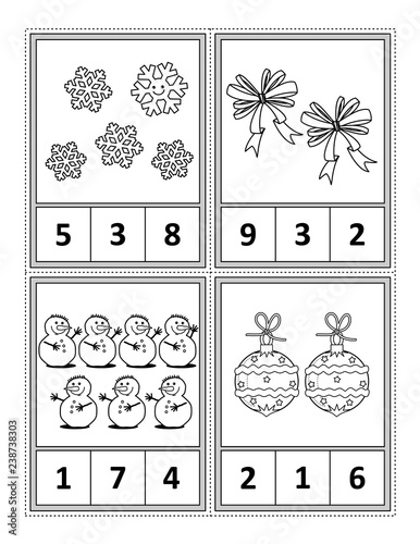 Winter holidays themed counting 1 to 10 practise for kids worksheet or four task cards (when cut along the dotted lines): Count. Circle the correct answer. Color. - Language independent.
