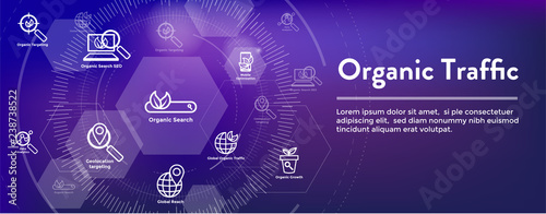 Search and SEO Web Header Hero Image Banner with organic growth, search, & locality ideas icon set