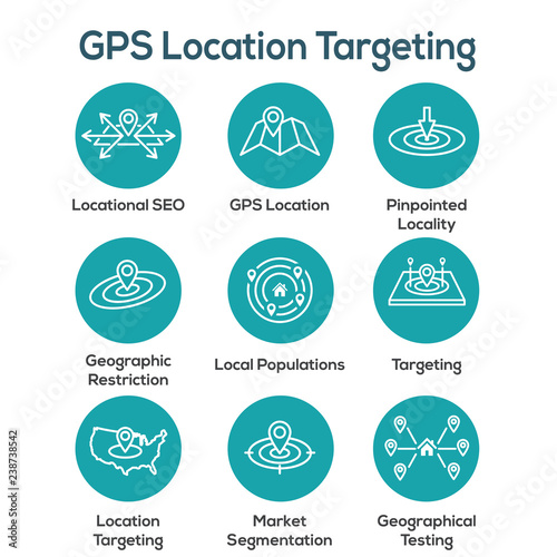 Geo Location Targeting with GPS Positioning and Geolocation Icon Set