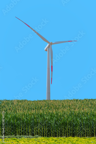 Nature green landscape with bright cloudy sky - Wind turbines farm on green field landscape © muratart