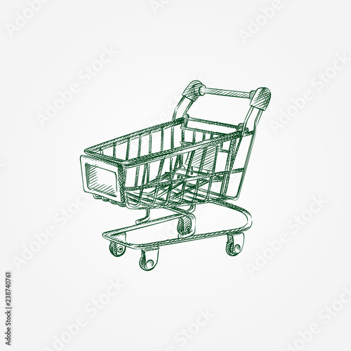 Hand Drawn shopping cart Sketch Symbol isolated on white background. Vector shopping cart In Trendy Style. Supermarket hand drawing sketches elements