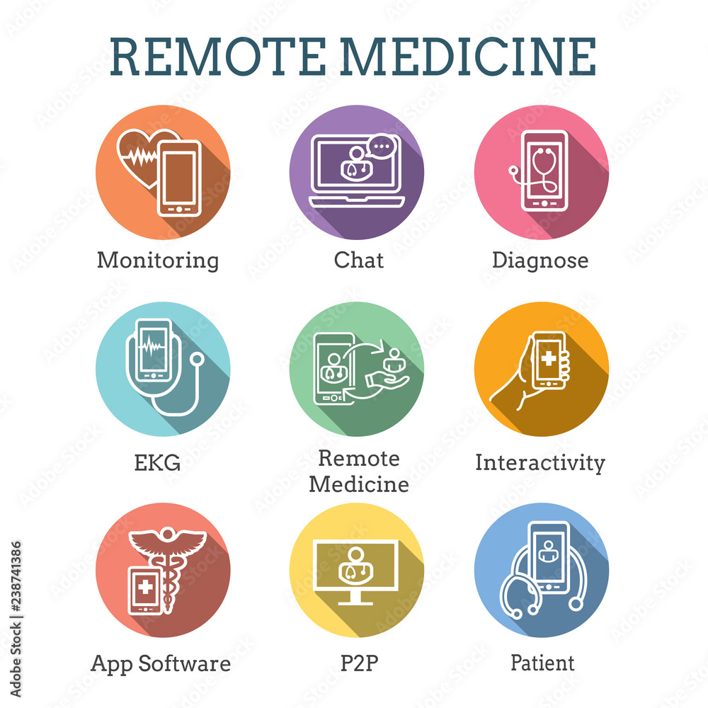 Telemedicine abstract idea with icons illustrating remote health and software Telemedicine abstract idea with icons illustrating remote health and software