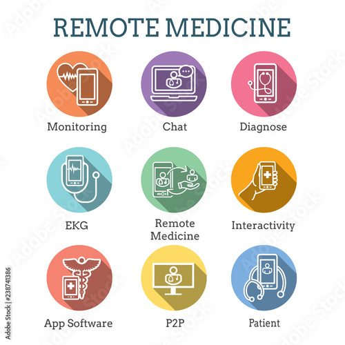 Telemedicine abstract idea with icons illustrating remote health and software