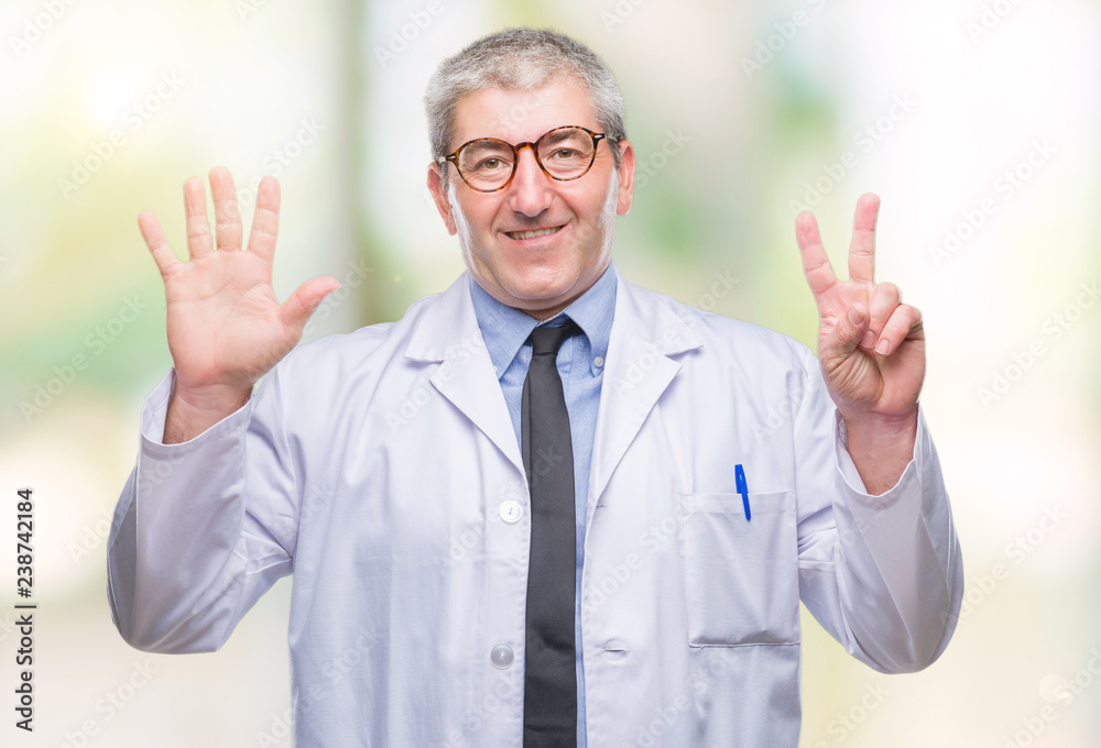 Handsome senior doctor, scientist professional man wearing white coat over isolated background showing and pointing up with fingers number seven while smiling confident and happy. Handsome senior doctor, scientist professional man wearing white coat over isolated background showing and pointing up with fingers number seven while smiling confident and happy.