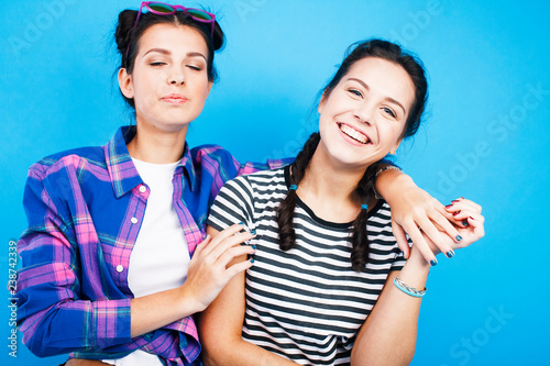 best friends teenage school girls together having fun, posing em photo