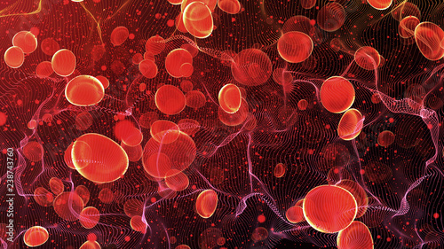 Red blood cells travel in an artery. Human body biotechnology science and health care concept. photo