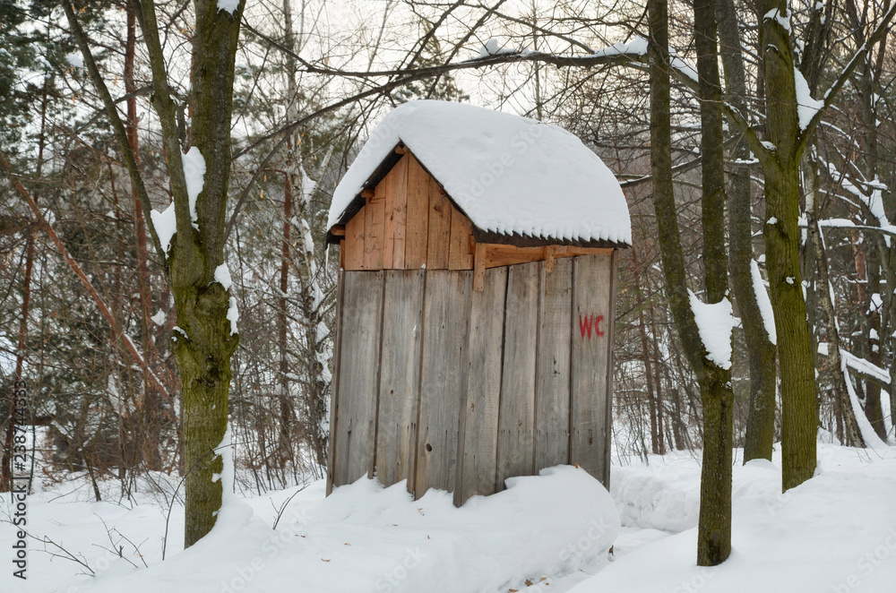 Public convenience. Outdoor toilet cubicle in a public suburban place. Rural life. Ukraine.