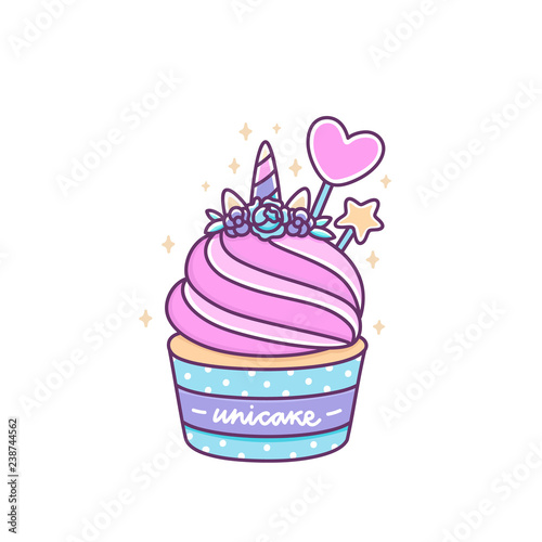 Cute unicorn cupcake on a white background. Unicake it's funny wordplay Unicorn and Cake. It can be used for sticker, patch, phone case, poster, t-shirt, mug and other design.