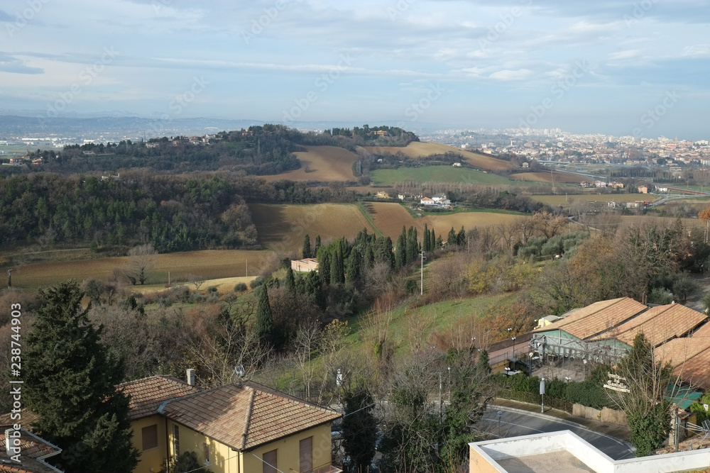 View of Gradara city from medieval fortress walls, Italy