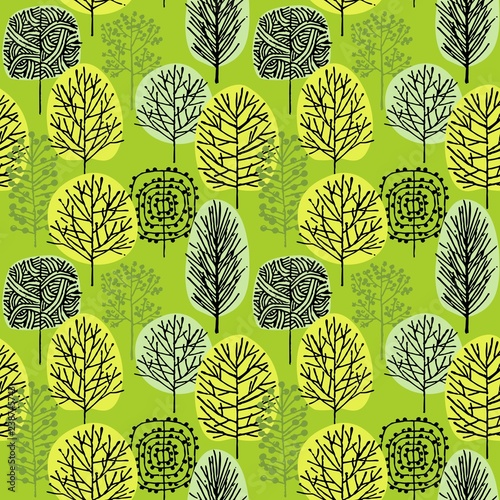Seamless pattern with trees. Drawing of forest by hand.