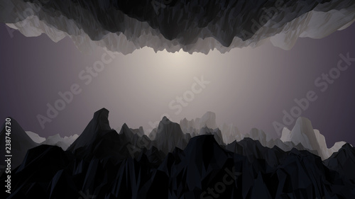 Low Poly Cave Tunnel Zoom at Glowing Light at End Animated 3D Rendered Video. rendered natively. Realistic 3D animation with color and light effect