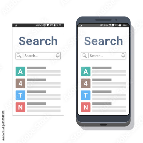 Smartphone with search application or mobile web browser with search field and voice typing icon. Vector illustration
